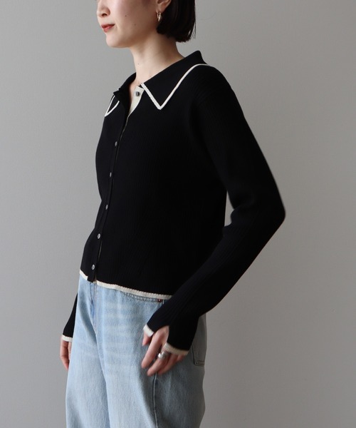 earth music&ecology（アースミュージックアンドエコロジー）の「【WEB限定/ショート丈/ゆったり】バイカラートリムニットカーディガン（ニット/セーター・レディース・チャコールグレー/アイボリー/ブラック・FREE）」の20枚目の写真