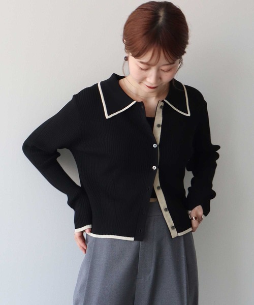 earth music&ecology（アースミュージックアンドエコロジー）の「【WEB限定/ショート丈/ゆったり】バイカラートリムニットカーディガン（ニット/セーター・レディース・チャコールグレー/アイボリー/ブラック・FREE）」の22枚目の写真