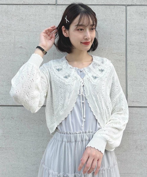 【洗える】ローズ刺繍チュールレース衿ブラウス ローズ刺繍チュールレース衿ブラウス（シャツ/ブラウス）｜F