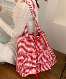 チェック柄フリルトートバッグ