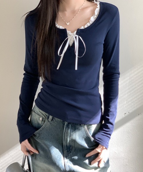 Teem Store（チームストア）の「フェイクレイヤードリボンフリルロンT（Tシャツ/カットソー・レディース・アイボリー/サックスブルー/ネイビー・L/M/S）」の2枚目の写真