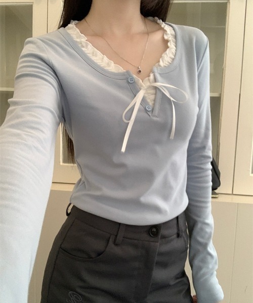 Teem Store（チームストア）の「フェイクレイヤードリボンフリルロンT（Tシャツ/カットソー・レディース・アイボリー/サックスブルー/ネイビー・L/M/S）」の3枚目の写真