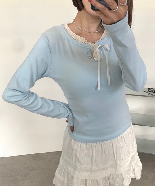 Teem Store（チームストア）の「フェイクレイヤードリボンフリルロンT（Tシャツ/カットソー・レディース・アイボリー/サックスブルー/ネイビー・L/M/S）」の13枚目の写真
