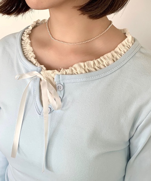 Teem Store（チームストア）の「フェイクレイヤードリボンフリルロンT（Tシャツ/カットソー・レディース・アイボリー/サックスブルー/ネイビー・L/M/S）」の4枚目の写真