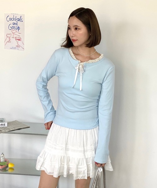 Teem Store（チームストア）の「フェイクレイヤードリボンフリルロンT（Tシャツ/カットソー・レディース・アイボリー/サックスブルー/ネイビー・L/M/S）」の7枚目の写真