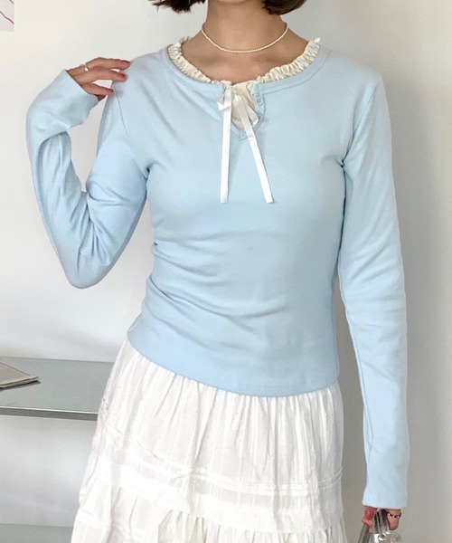Teem Store（チームストア）の「フェイクレイヤードリボンフリルロンT（Tシャツ/カットソー・レディース・アイボリー/サックスブルー/ネイビー・L/M/S）」の10枚目の写真