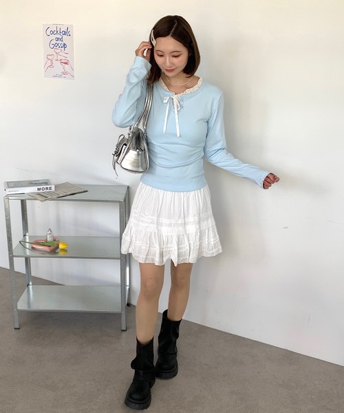 Teem Store（チームストア）の「フェイクレイヤードリボンフリルロンT（Tシャツ/カットソー・レディース・アイボリー/サックスブルー/ネイビー・L/M/S）」の15枚目の写真