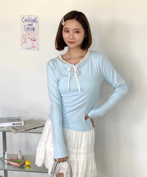 Teem Store（チームストア）の「フェイクレイヤードリボンフリルロンT（Tシャツ/カットソー・レディース・アイボリー/サックスブルー/ネイビー・L/M/S）」の6枚目の写真