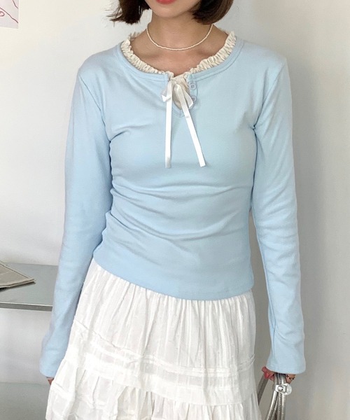 Teem Store（チームストア）の「フェイクレイヤードリボンフリルロンT（Tシャツ/カットソー・レディース・アイボリー/サックスブルー/ネイビー・L/M/S）」の16枚目の写真