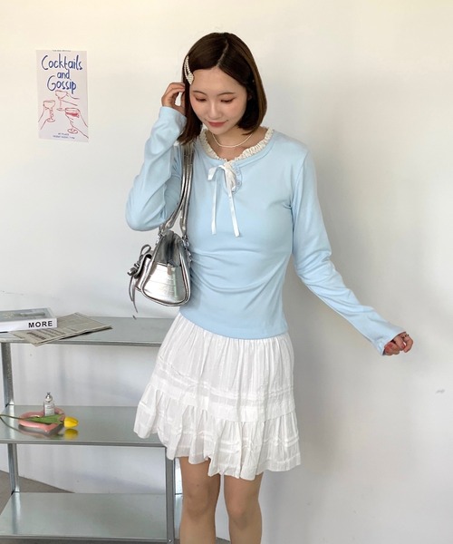 Teem Store（チームストア）の「フェイクレイヤードリボンフリルロンT（Tシャツ/カットソー・レディース・アイボリー/サックスブルー/ネイビー・L/M/S）」の8枚目の写真