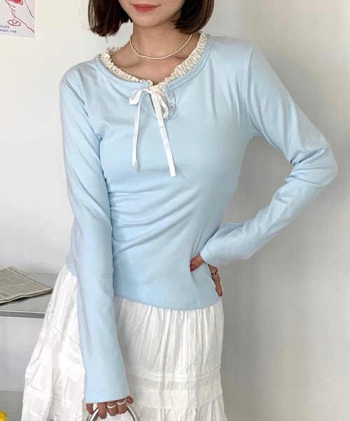 Teem Store（チームストア）の「フェイクレイヤードリボンフリルロンT（Tシャツ/カットソー・レディース・アイボリー/サックスブルー/ネイビー・L/M/S）」の18枚目の写真