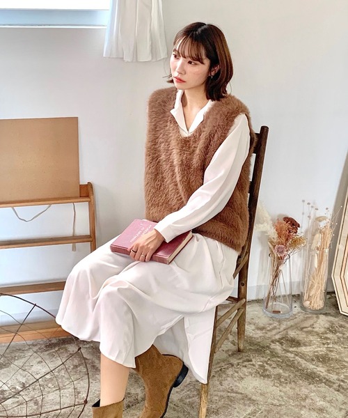 セール】【25年秋冬新作】Vネックシャギーファーベスト（ベスト