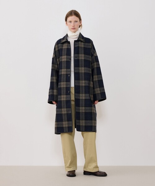 タータンウールツイード バルカラーコート（ステンカラーコート