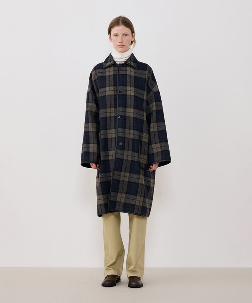 タータンウールツイード バルカラーコート（ステンカラーコート