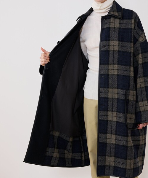 タータンウールツイード バルカラーコート（ステンカラーコート