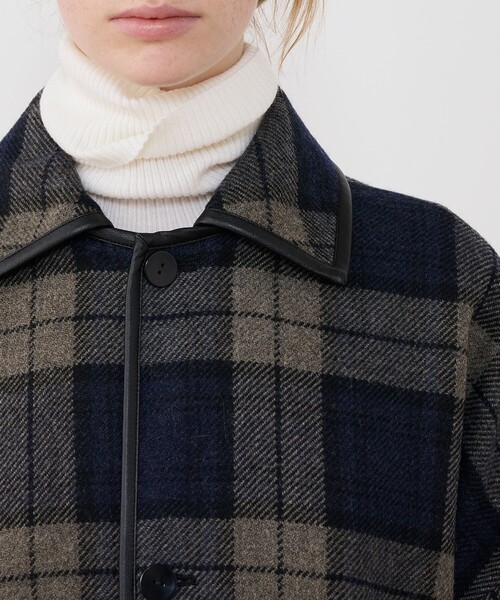 タータンウールツイード バルカラーコート（ステンカラーコート