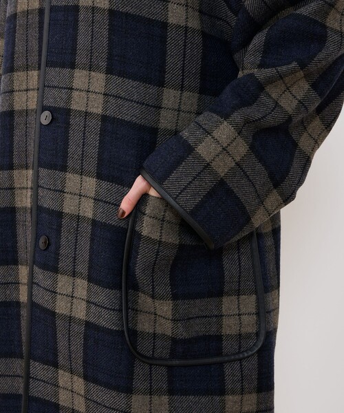タータンウールツイード バルカラーコート（ステンカラーコート