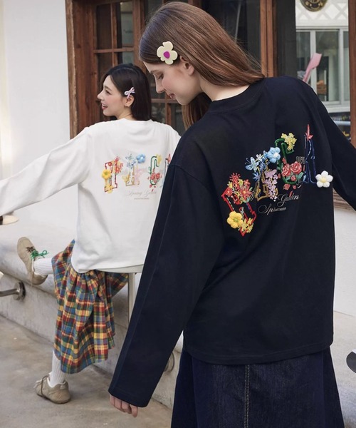 tropicalさま専用 セール】立体フラワー刺繍ロンT カラーレタリング バック