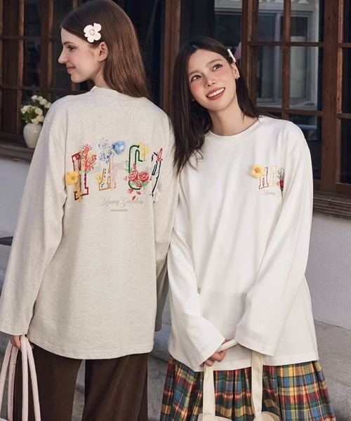 SIM 幻の一枚 タイ製 レーヨン 花柄刺繍 長袖シャツ 超希少 国内未流通 セール】立体フラワー刺繍ロンT カラーレタリング バック