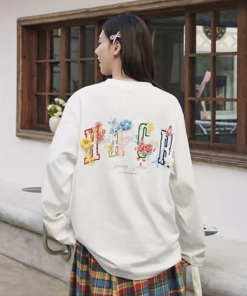 セール】立体フラワー刺繍ロンT カラーレタリング バック