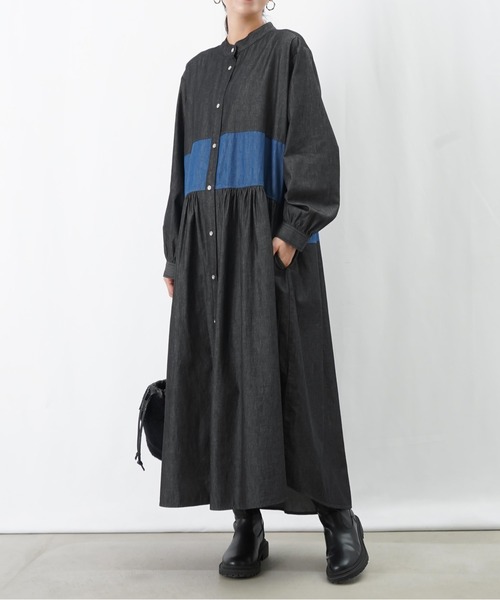 LUCA/LADY LUCK LUCA(ルカ/レディラックルカ)の「LC/LLL デニム配色ボリュームワンピース(ワンピース・レディース・ブルー/ブラック・MEDIUM/SMALL)」の1枚目の写真