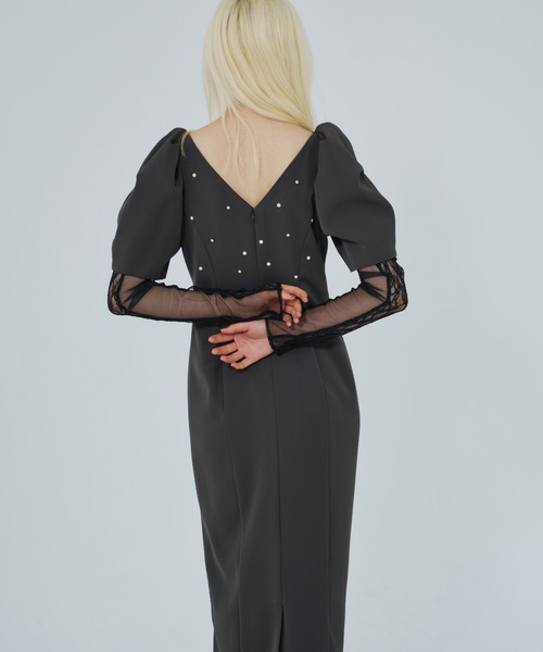 ANDRESD レースアームドレープドレス　チャコール レースアームドレープドレス / lace arm drepe dress（ドレス