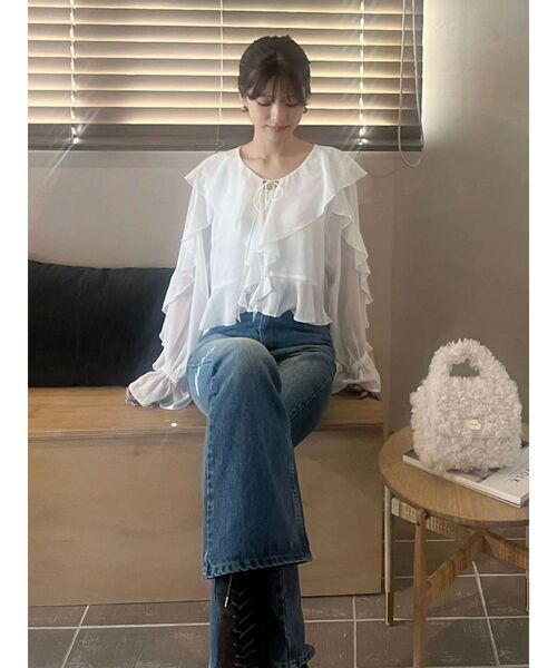 MERCURYDUO（マーキュリーデュオ）の「シフォンラッフルブラウス（シャツ/ブラウス・レディース・オフホワイト/ベビーピンク/ブラック・FREE）」の11枚目の写真