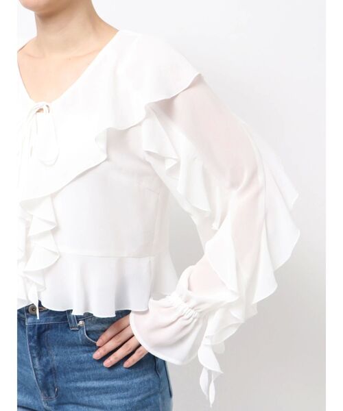 MERCURYDUO（マーキュリーデュオ）の「シフォンラッフルブラウス（シャツ/ブラウス・レディース・オフホワイト/ベビーピンク/ブラック・FREE）」の6枚目の写真