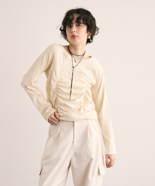 Trish（トリッシュ）の「テレコシャーリングプルオーバー（Tシャツ/カットソー・レディース・アイボリー/ブラウン・MEDIUM）」の7枚目の写真