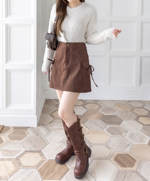 clear（クリア）の「フェイクスエードリボン付きカーゴミニスカート［ガーリー カジュアル 着回し力抜群］（スカート・レディース・ベージュ/ブラウン/ピンク・S/M）」の10枚目の写真