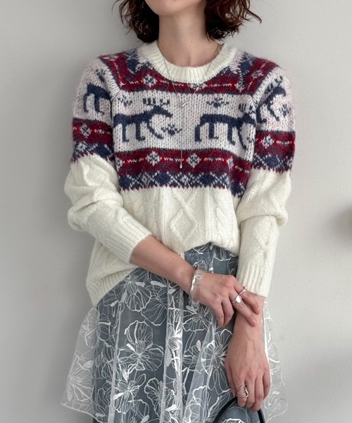 美品✨トゥデイフル　ノルディック柄ニット　アルパカ混合　ネイビー×オフ白 セール】ノルディック柄ニットプルオーバー（ニット/セーター）｜DOUX