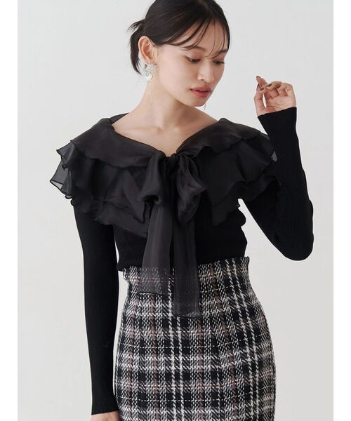 MERCURYDUO（マーキュリーデュオ）の「異素材ラッフルリボンリブニット（ニット/セーター・レディース・オフホワイト/ブラック/ラベンダー・FREE）」の3枚目の写真