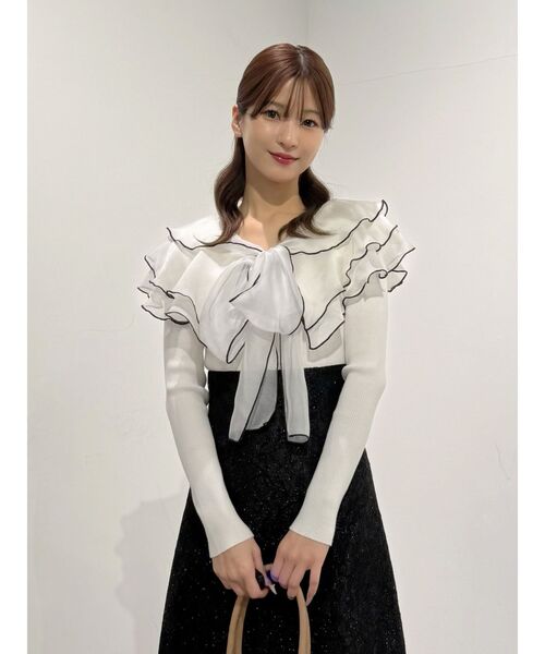 MERCURYDUO（マーキュリーデュオ）の「異素材ラッフルリボンリブニット（ニット/セーター・レディース・オフホワイト/ブラック/ラベンダー・FREE）」の11枚目の写真