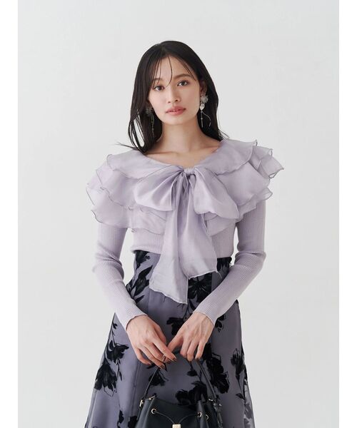 MERCURYDUO（マーキュリーデュオ）の「異素材ラッフルリボンリブニット（ニット/セーター・レディース・オフホワイト/ブラック/ラベンダー・FREE）」の8枚目の写真