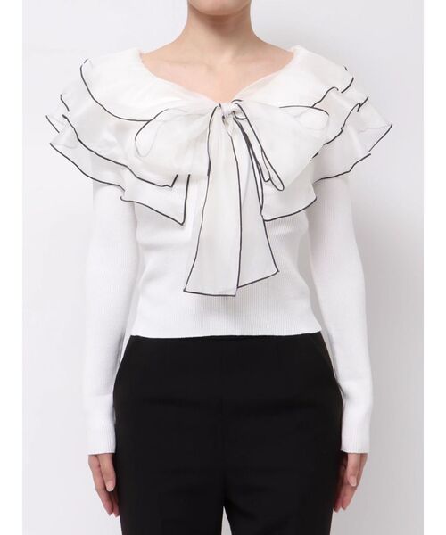 MERCURYDUO（マーキュリーデュオ）の「異素材ラッフルリボンリブニット（ニット/セーター・レディース・オフホワイト/ブラック/ラベンダー・FREE）」の16枚目の写真