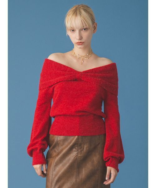 FURFUR(ファーファー)の「リボンモヘアニットトップス(ニット/セーター・レディース・レッド/ホワイト/ライトブルー・F)」の5枚目の写真