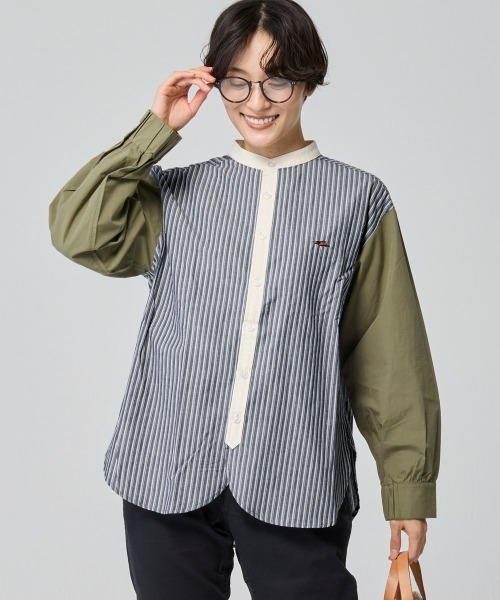 KRIFF MAYER Lady's Collection（クリフメイヤーレディースコレクション）の「異素材ミックス ストライプ バンドカラーシャツ / ノーカラー（綿100％・切替・体型カバー）（シャツ/ブラウス・レディース・サックスブルー/ブルー/オフホワイト/ネイビー・LARGE/MEDIUM）」の2枚目の写真