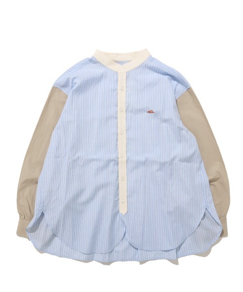 KRIFF MAYER Lady's Collection（クリフメイヤーレディースコレクション）の「異素材ミックス ストライプ バンドカラーシャツ / ノーカラー（綿100％・切替・体型カバー）（シャツ/ブラウス・レディース・サックスブルー/ブルー/オフホワイト/ネイビー・LARGE/MEDIUM）」の3枚目の写真