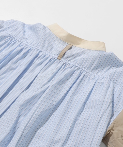 KRIFF MAYER Lady's Collection（クリフメイヤーレディースコレクション）の「異素材ミックス ストライプ バンドカラーシャツ / ノーカラー（綿100％・切替・体型カバー）（シャツ/ブラウス・レディース・サックスブルー/ブルー/オフホワイト/ネイビー・LARGE/MEDIUM）」の22枚目の写真