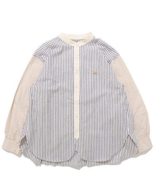 KRIFF MAYER Lady's Collection（クリフメイヤーレディースコレクション）の「異素材ミックス ストライプ バンドカラーシャツ / ノーカラー（綿100％・切替・体型カバー）（シャツ/ブラウス・レディース・サックスブルー/ブルー/オフホワイト/ネイビー・LARGE/MEDIUM）」の14枚目の写真