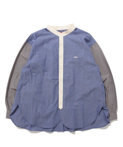 KRIFF MAYER Lady's Collection（クリフメイヤーレディースコレクション）の「異素材ミックス ストライプ バンドカラーシャツ / ノーカラー（綿100％・切替・体型カバー）（シャツ/ブラウス・レディース・サックスブルー/ブルー/オフホワイト/ネイビー・LARGE/MEDIUM）」の8枚目の写真
