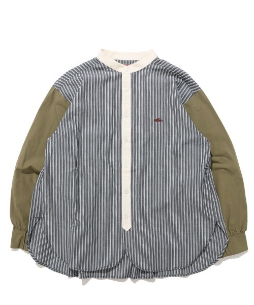 KRIFF MAYER Lady's Collection（クリフメイヤーレディースコレクション）の「異素材ミックス ストライプ バンドカラーシャツ / ノーカラー（綿100％・切替・体型カバー）（シャツ/ブラウス・レディース・サックスブルー/ブルー/オフホワイト/ネイビー・LARGE/MEDIUM）」の11枚目の写真