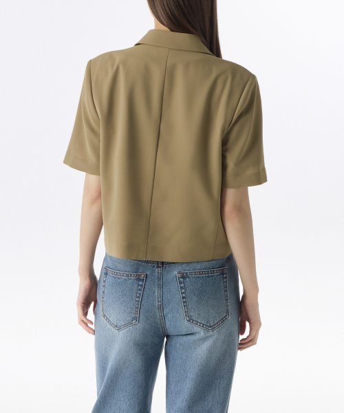 MUSINSA STANDARD WOMAN（ムシンサスタンダードウーマン）の「ウィメンズリネンライククロップ半袖ブレザー[ベージュ]（テーラードジャケット・レディース・その他・SMALL/MEDIUM/LARGE/X-SMALL）」の2枚目の写真