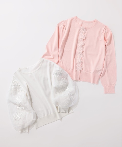 STRAWBERRY-FIELDS（ストロベリーフィールズ）の「サラフィール_チュール*フラワーレーススリーブニット（ニット/セーター・レディース・ブラック/オフホワイト・2）」の3枚目の写真