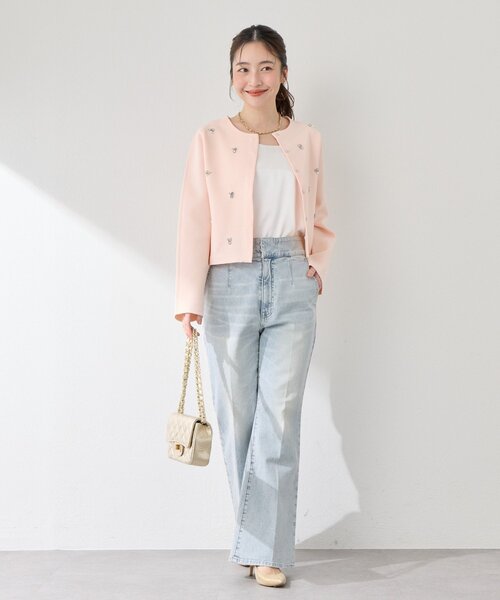 La boutique BonBon（ラブティックボンボン）の「【今すぐお届け！・お上品見え】ビジュー刺繍スポンディッシュジャケットカーディガン（ニット/セーター・レディース・ピンク/ライトグレー/ホワイト・FREE）」の9枚目の写真