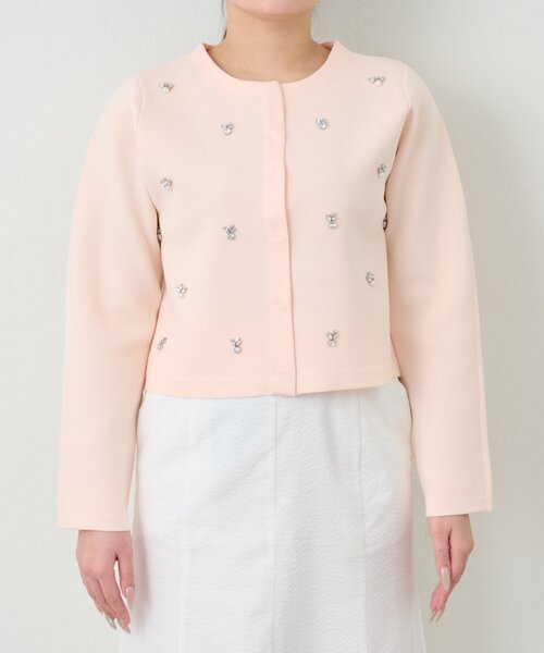 La boutique BonBon（ラブティックボンボン）の「【今すぐお届け！・お上品見え】ビジュー刺繍スポンディッシュジャケットカーディガン（ニット/セーター・レディース・ピンク/ライトグレー/ホワイト・FREE）」の14枚目の写真
