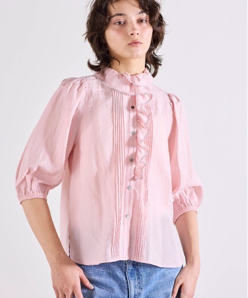 Marilyn Moon(マリリンムーン)の「picot raffle collar tuck blouse(シャツ/ブラウス・レディース・グレー/ブラック/ピンク/ホワイト・FREE)」の4枚目の写真