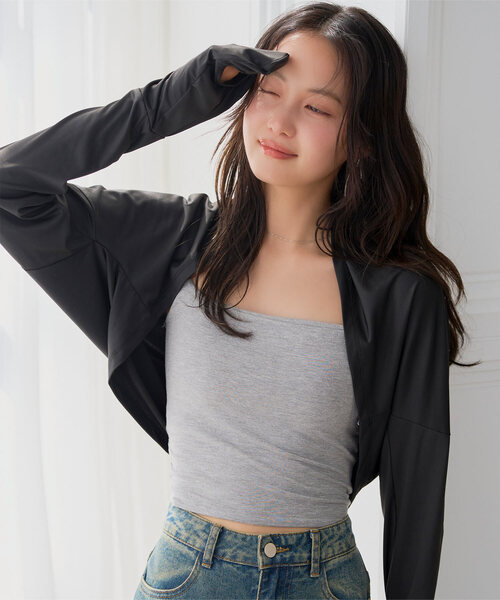 KOBE LETTUCE（コウベレタス）の「[ UVカット＆接触冷感 ] M L 日避けボレロ（カーディガン/ボレロ・レディース・杢グレー/アイボリー/ブラック/ブラック系/アイボリー系/グレー系・L/M/L1/M1）」の3枚目の写真