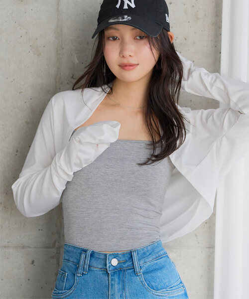 KOBE LETTUCE（コウベレタス）の「[ UVカット＆接触冷感 ] M L 日避けボレロ（カーディガン/ボレロ・レディース・杢グレー/アイボリー/ブラック/ブラック系/アイボリー系/グレー系・L/M/L1/M1）」の6枚目の写真