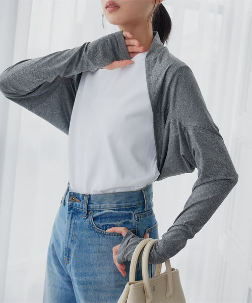 KOBE LETTUCE（コウベレタス）の「[ UVカット＆接触冷感 ] M L 日避けボレロ（カーディガン/ボレロ・レディース・杢グレー/アイボリー/ブラック/ブラック系/アイボリー系/グレー系・L/M/L1/M1）」の4枚目の写真